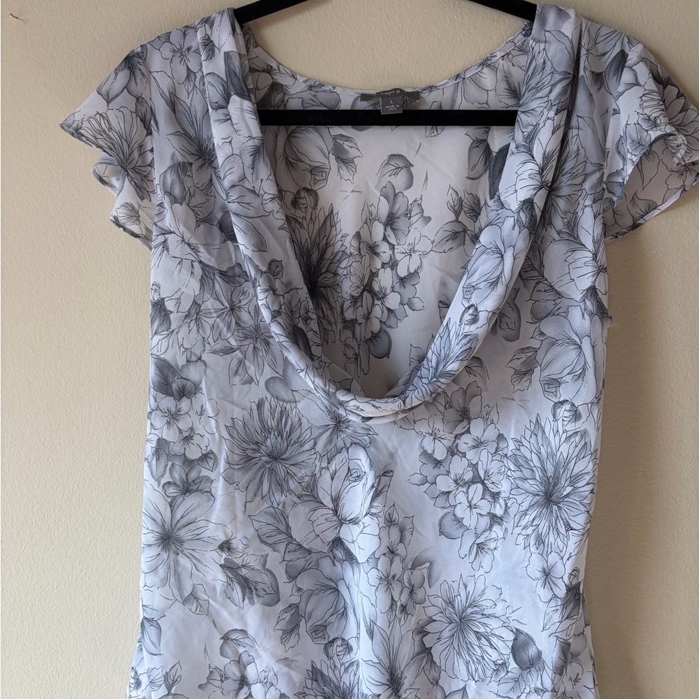 Apt. 9 White Gray Floral Cowl Neck Flutter Sleeve Blouse Size L